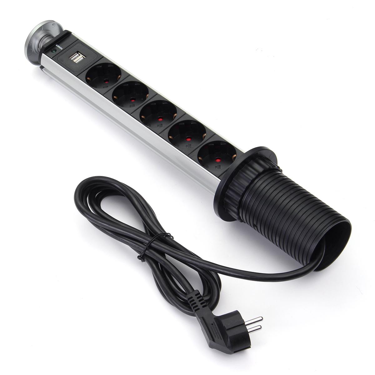 Eu Plug 3/4/5/6 Power Keuken Tafel Pull Up Stopcontact Desktop Sockets 1 Led + 2 lading Usb Aluminium Plank Zilver/Zwart