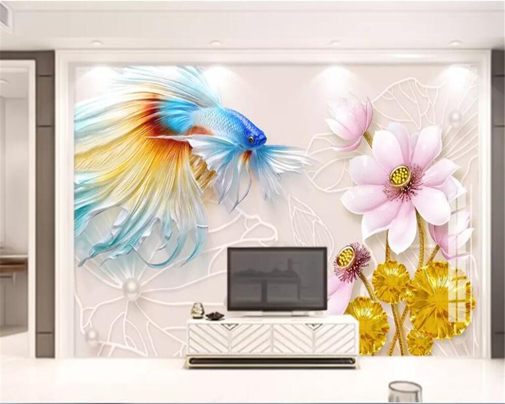 Beibehang papel de parede 3d Custom 3d behang coin goudvis lotus TV achtergrond vinyl muur papier peint muurschildering 3d hudas schoonheid