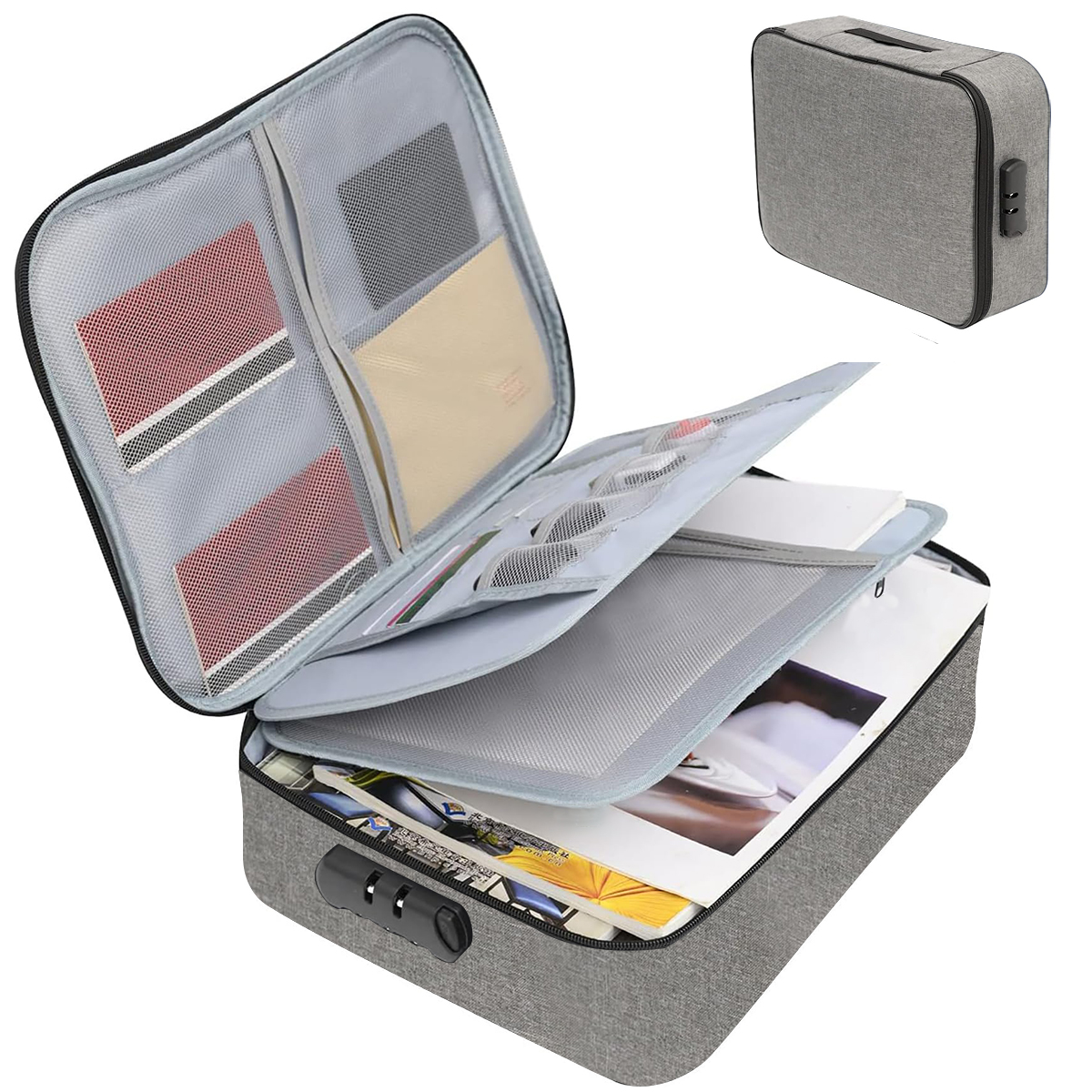 Document briefcase, 3-layer lockable storage bag, men's women's bag, wallet, passport, home security function storage box.-zmt: GRAY
