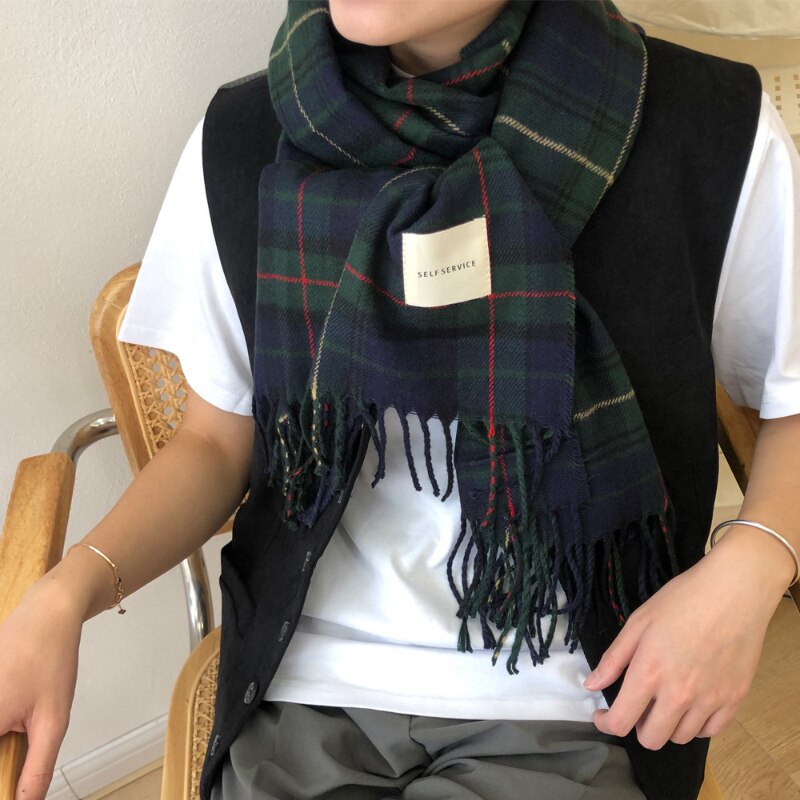 Korea Girls Scarf Women Cashmere ins Plaid Brown Scarf Warm Winter Pashmina Foulard Shawls Wraps Bandana