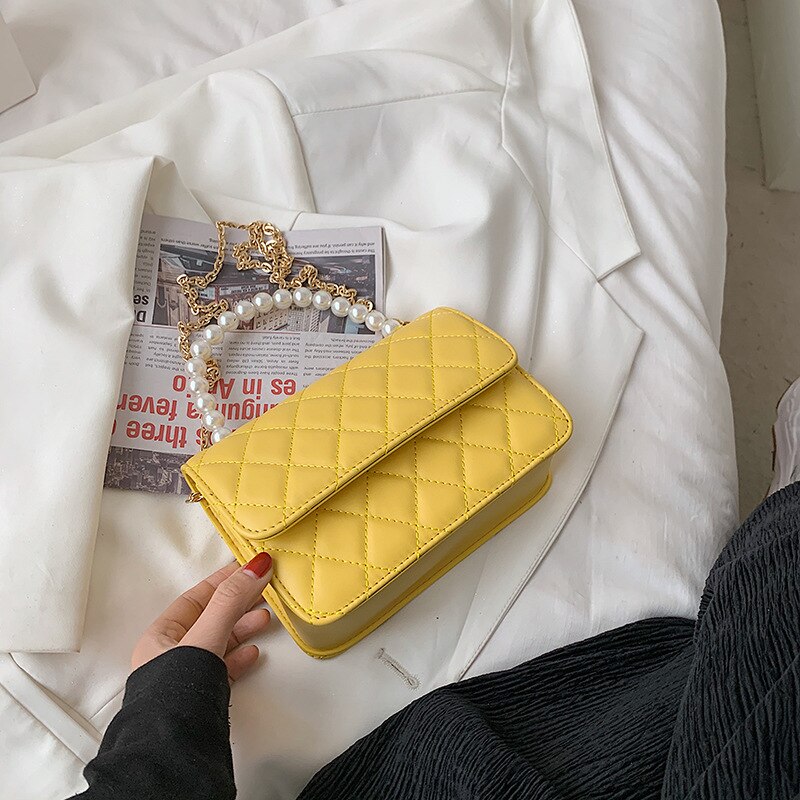 Lingge torba damska 2021 letnia nowa moda jedna torba na ramię kurierska łańcuszek z pereł przenośna mała torba kwadratowa torba na łańcuszku okrągła torba: Large Yellow