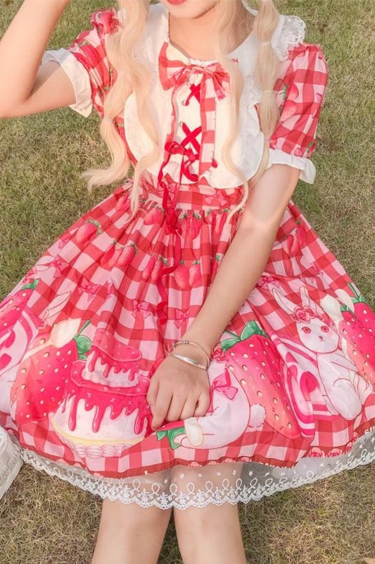 Sommer jsk sød jordbær lolita kjole pink lolita kjole pink sød lys lolita dukke krave pige lolita op kjole