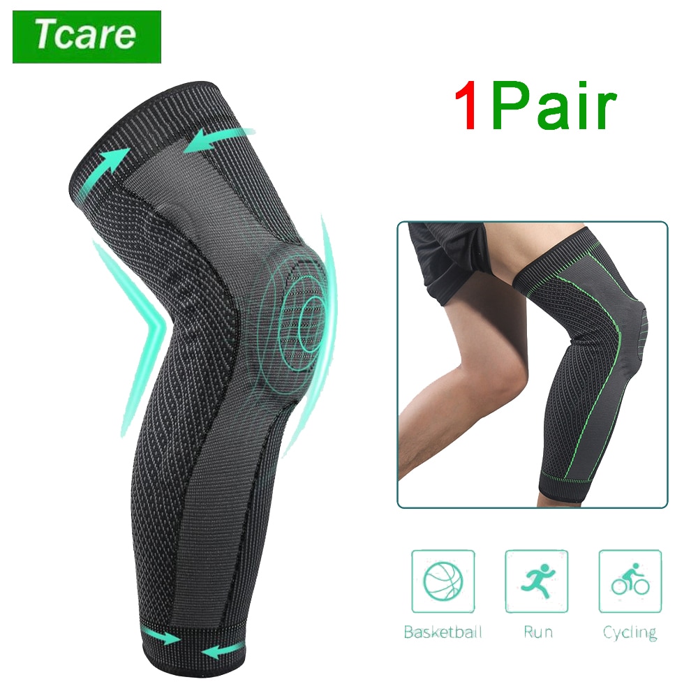 Tcare 2pcs/Pair Full Leg Compression Sleeve for Women Men with Side Spring Stabilizers & Patella Gel Pad Stretch Long Leg Sleeve
