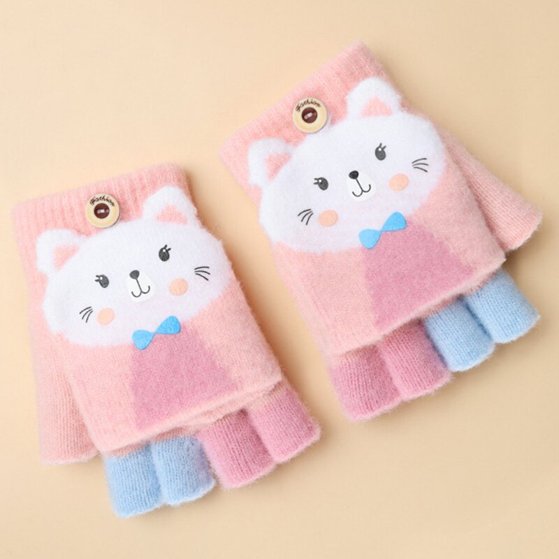 Kids Winter Warm Thicken Handschoenen Meisjes Zachte Half Vinger Cover Dier Vingerloze Handschoenen Outdoor Warme Wanten Handschoenen Voor Kids 5-12Y: cat pink