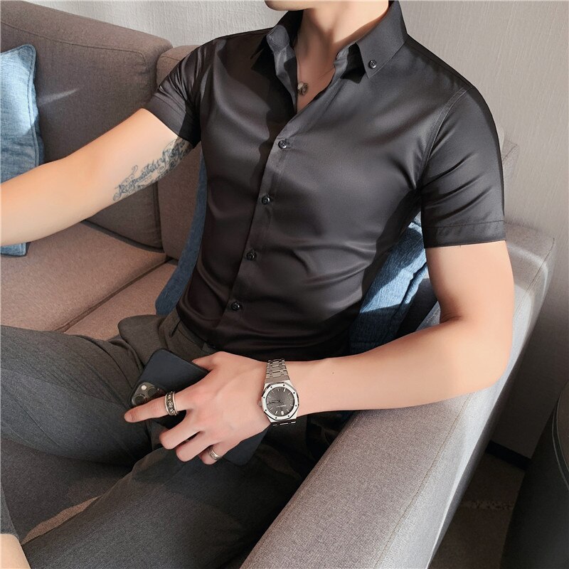 Korea style moda letnia nowa koszula męska z krótkim rękawem Slim Fit zielony biały codzienny przycisk Casual koszule na przyjęcia towarzyskie mały rozmiar azjatycki: black / XL 55kg-60kg