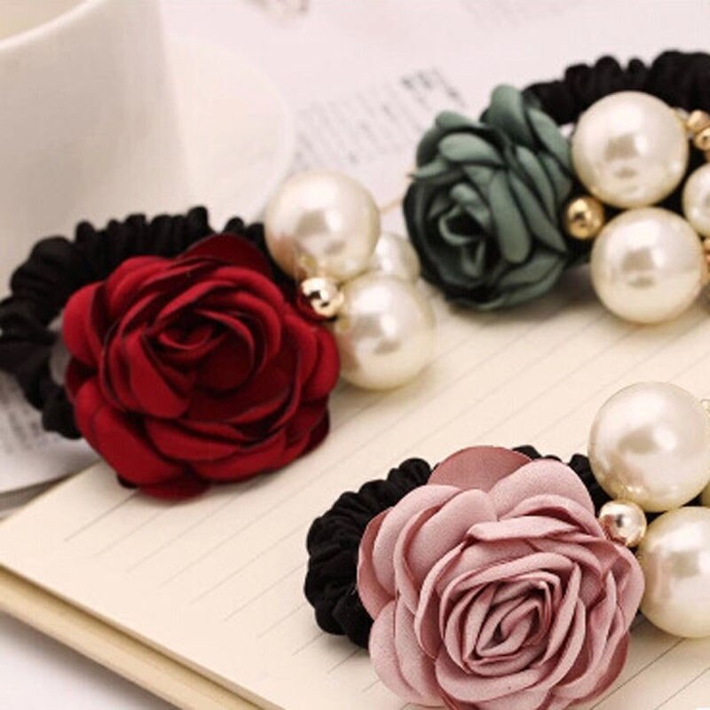 Women Ribbon Rose Flower Hairband Big Pearl Hair Bands for Girls Elastic Hair Rope Ties Ponytail Holder Hair Accessories