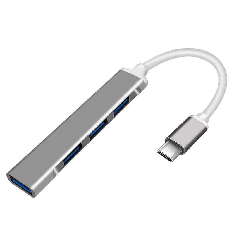 Type-C Hub USB-C Om 4-Poort USB3.0 High-Speed Splitter Otg Aluminium Docking Station grijs