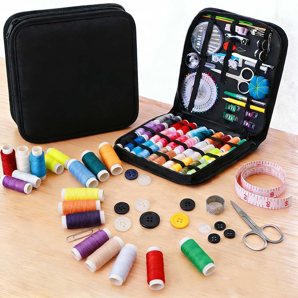 Kit de costura completo con hilos, agujas, tijeras, cinta métrica, botones, portátil, viaje, DIY, bordado, trabajo hecho a mano, conjunto de herramientas de costura
