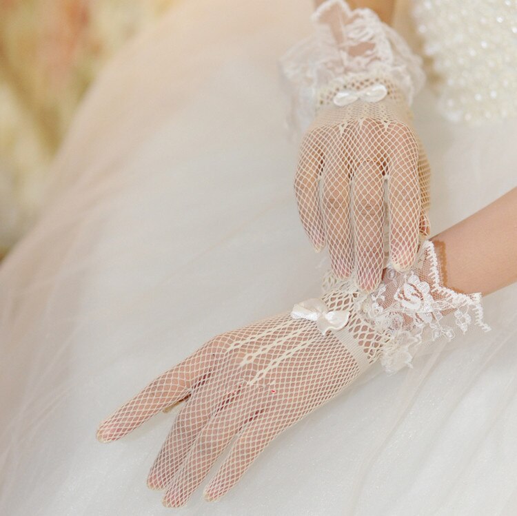 Korea Stil Tüll Braut Handschuhe Hochzeit Zubehör Handgelenk Finger Weiß Schwarz Günstige Hochzeiten Handschuh: Beige