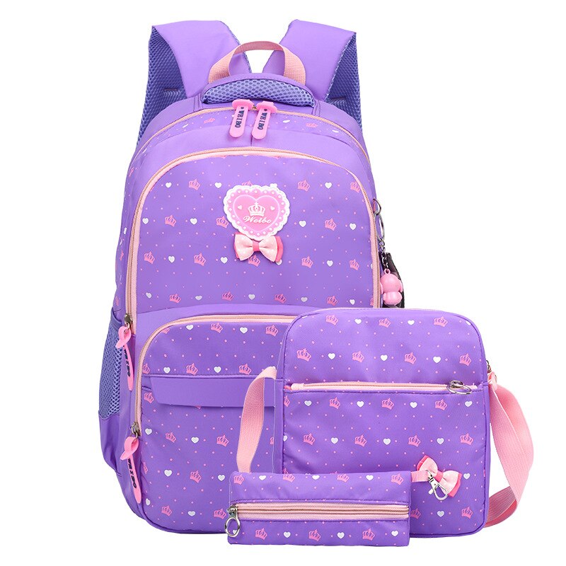 3 stks/set Crown Printing School Tassen voor Tienermeisjes Patroon Verse prinses schooltas Vrouwelijke Rugzakken mochila escolar Sac: purple