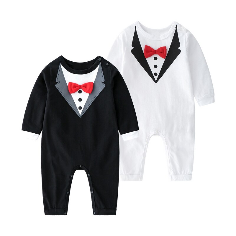 Kimocat Baby Jongens Britse Stijl Lange Mouwen Jumpsuit, lente En Herfst Baby Gentleman Strikje Broek Crawl Kleding 0-3 Jaar