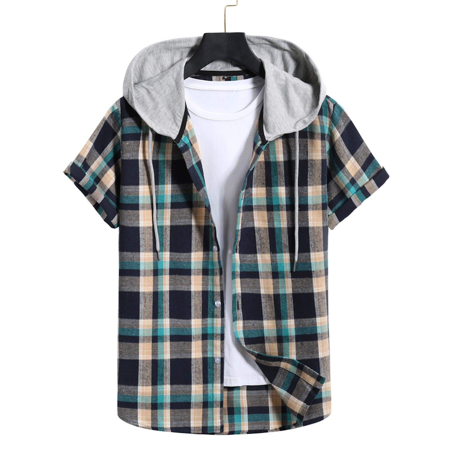 Mens Plaid Hooded shirt Checked Summer Shirt Casual Loose Short Sleeve Blouse Tops Men Chemise Homme Social Shirt Plaid Clothes