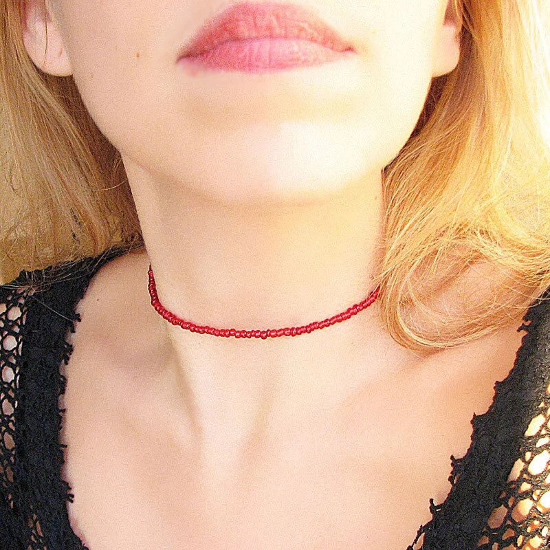 Boho Kralen Choker Dainty Multicolor Glas Zaad Kraal Bohemian Vrouwen Strand Chokers Kettingen Strand Sieraden Choker Kettingen: Rood