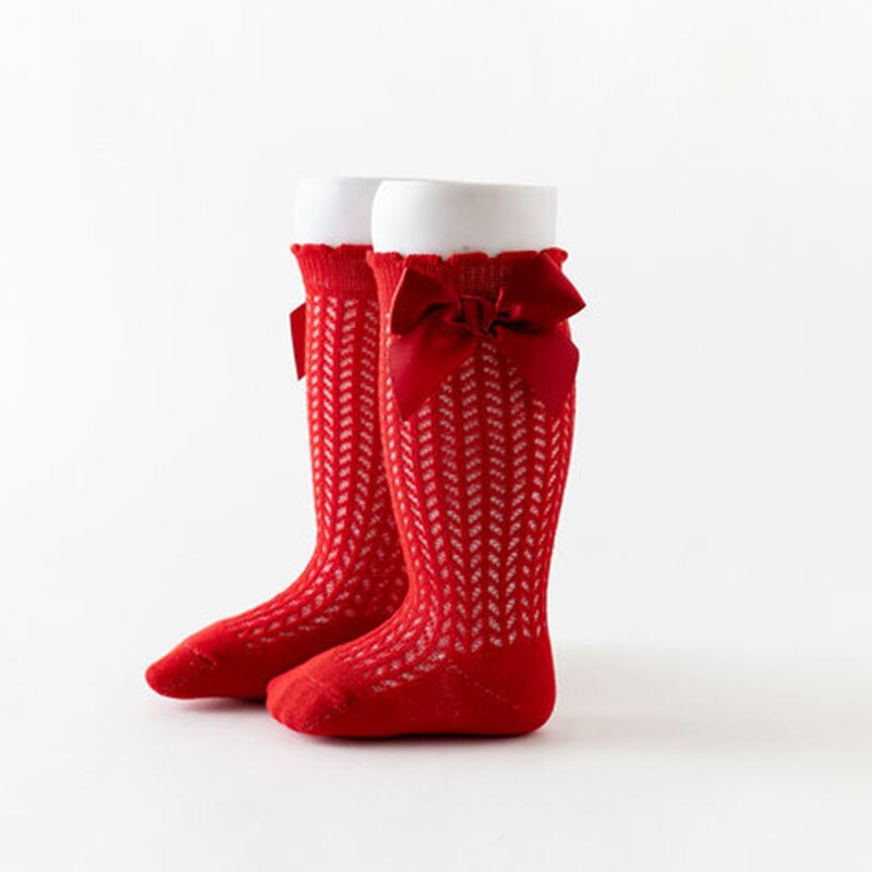 Chaussettes d'été pour bébé fille, avec nœuds, en maille, pour -né, hautes, respirantes, couleur unie, douces, en coton, pour nourrissons: red