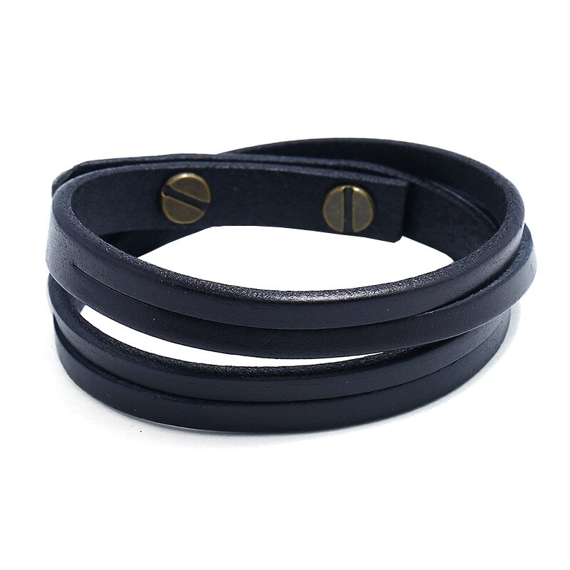 Simple Double-deck Leather Bracelets&Bangles For Men Punk brown/Black Wristband Cuff Jewelry boy: black