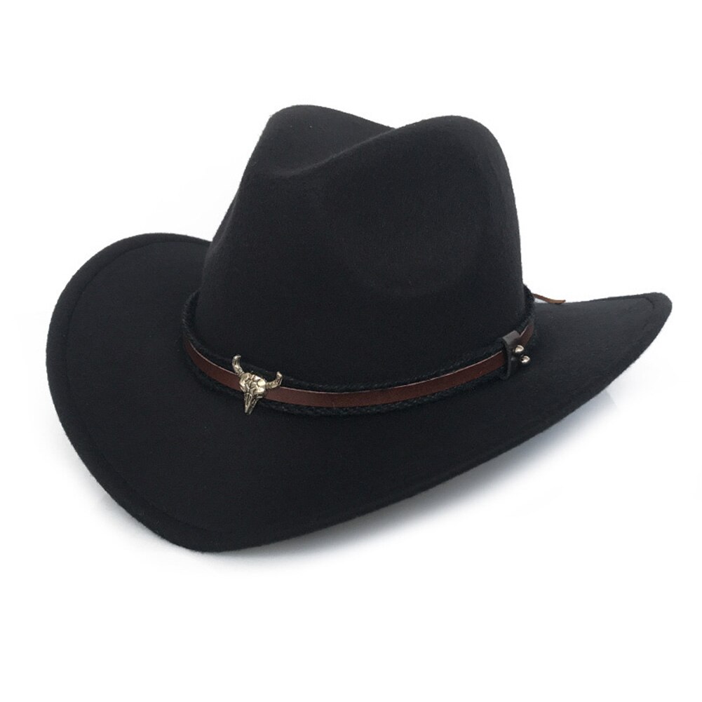 Ox Head Unisex Western Cowboy Woolen Hat Wide Brim Fedora Jazz Cap with Strap Cowboy Woolen Hat Wide Fedora Jazz Cap with Strap: Black