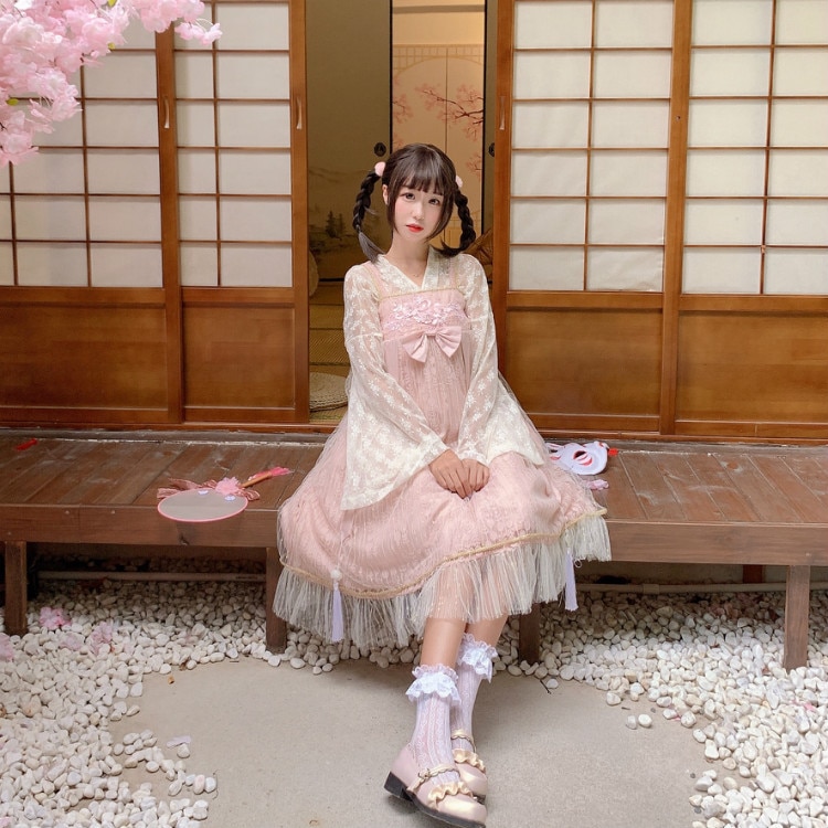 Vintage Renaissance Chinese Style Girls Sweet Princess Lolita Dress Women Hanfu Style Lace Mesh Blouse 2 Piece Set Fairy Dresses: Pink