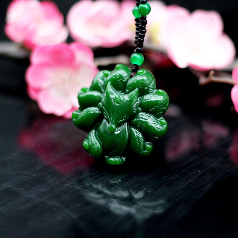 Natural Green Jade Nine Tailed Fox Pendant Necklace Jadeite Chinese Hand-Carved Charm Jewelry Amulet for Women Men