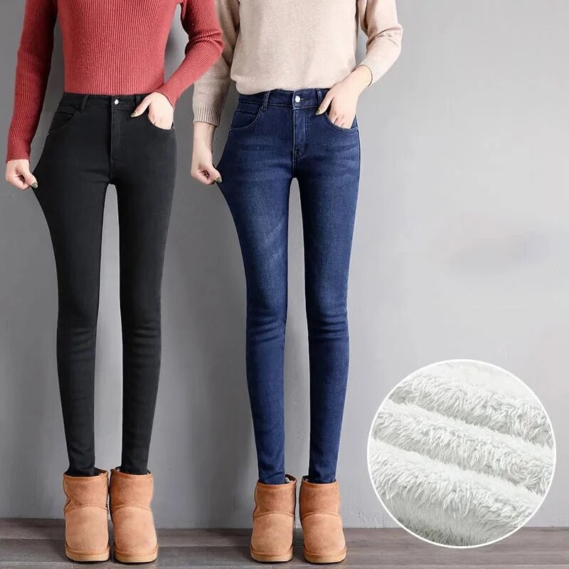 Winter Thicken Cashmere Warm Jeans Women Snow Wear Fleece Denim Trousers Female Casual Plus Size Leggings Slim Pencil Pants