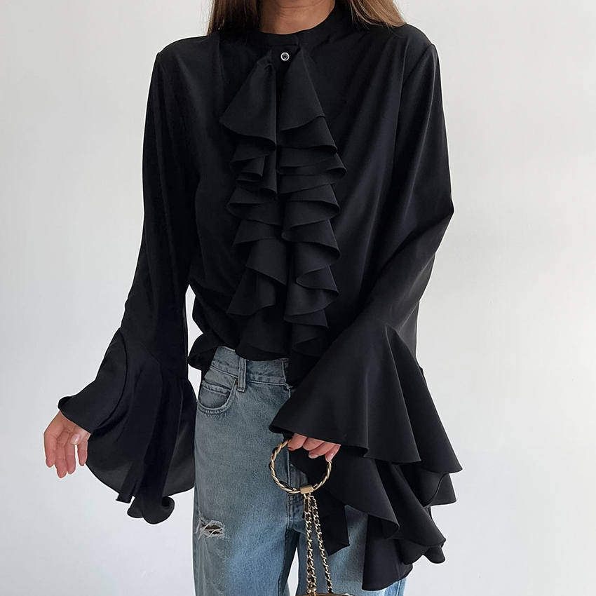 Linad lässig Chiffon Weiß Rüschen Hemden Weibliche Straße aufflackern Hülse verlieren Laminierte Volants Blusen Und Spitzen Frühling 2025,: S / Schwarz