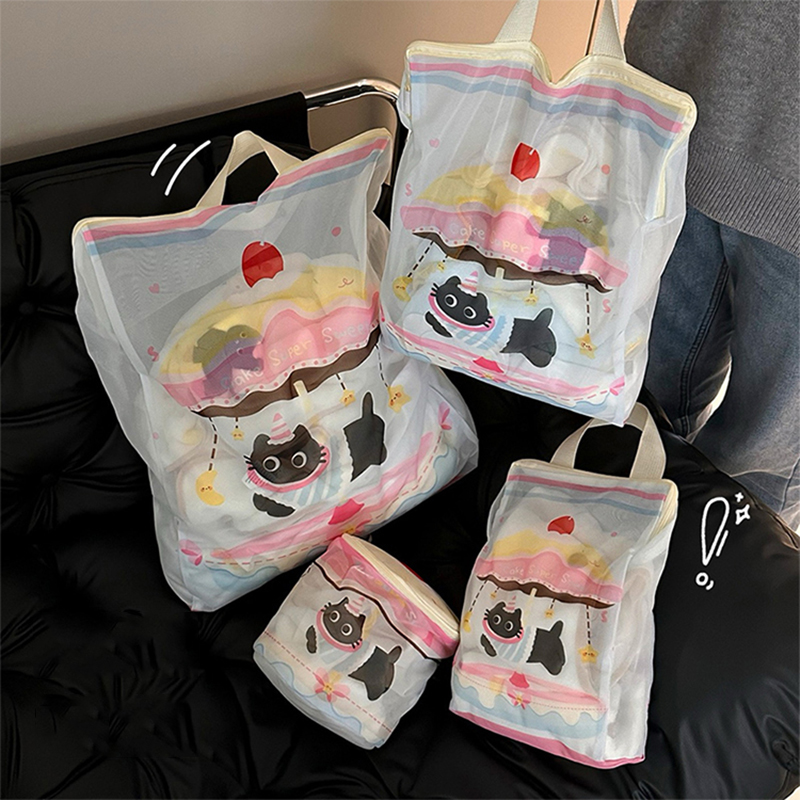Cartoon Kat Waszak Waszakken met Rits Ondergoed Kleding Mesh Zakken Voor Thuis Wasmachines Leuke Waszak