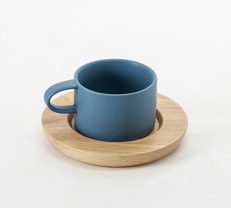 Tasse à café en bois de chêne naturel pur ensemble de soucoupe en bois de Style nordique: PU ciel