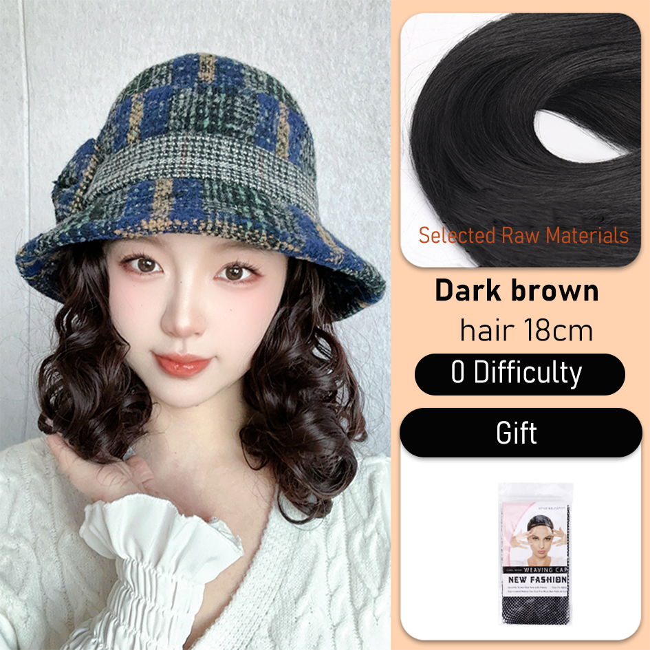 Synthetic 6inch plaid fisherman hat short curly hair wig brown princess curly roo cold warm horse roll Christmas: T1B/613