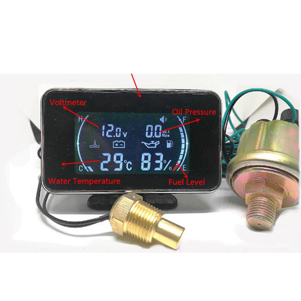 4in1 Lcd Auto 12 V/24 V Graafmachine Auto Oliedrukmeter + Voltmeter Volt Gauge + Water temperatuurmeter + Olie Brandstofmeter