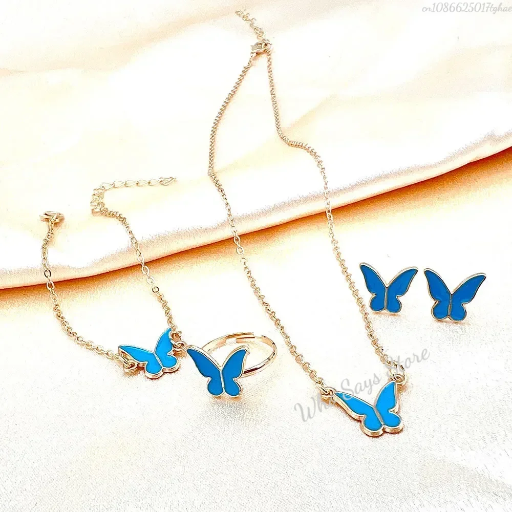 Ensembles de bijoux papillon en cristal acrylique, Bracelet romantique, bague, collier, boucles d'oreilles, accessoires pour robe de dîner de mariage pour femmes: Imitation plaquée rhodium
