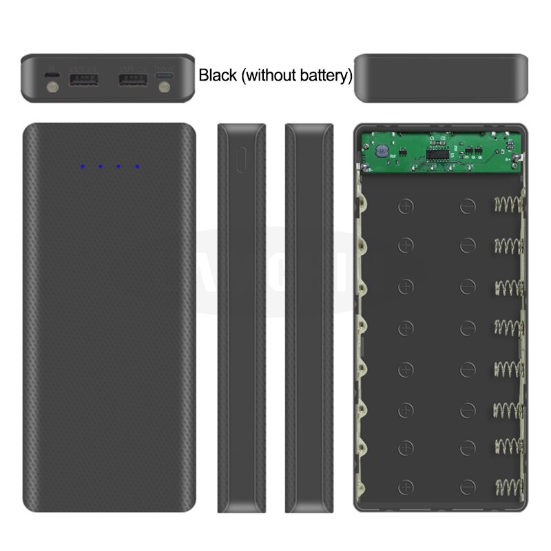Type c usb batteriboks oplader etui til iphone 11 x samsung  s10 plus med detail pakke 8*18650 5v dobbelt usb power bank shell: Sort ikke digital