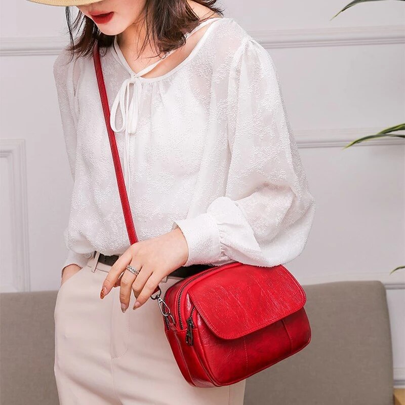 Luxury women's bag high soft PU leather ladies shoulder messenger bag multi-layer double zipper bag
