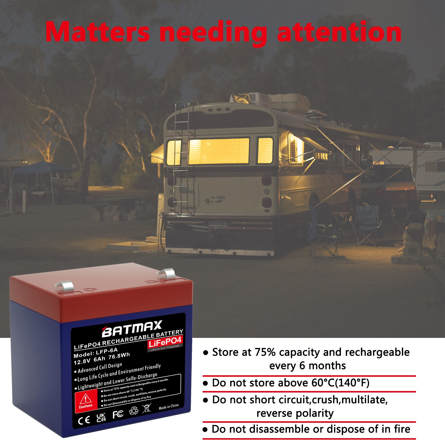 Batmax 12V 6A Lithium LiFePO4 Deep Cycle Rechargeable Battery for RV, Solar, Marine, Overland, Off-Grid Applications