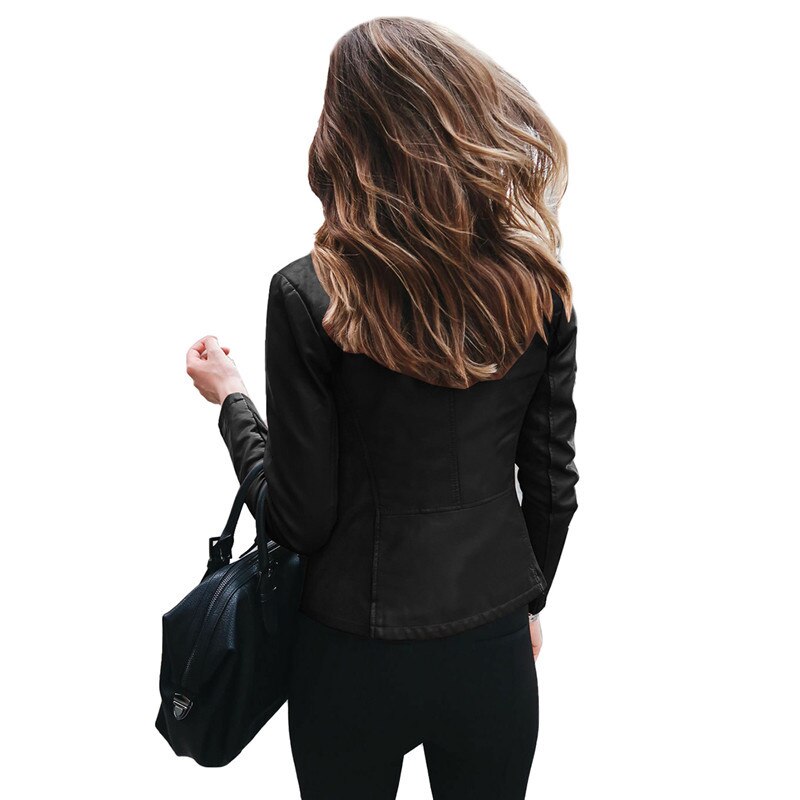 Xingqing Herfst Vrouwen Casual Pu Leren Jas Lange Mouwen Stand-Up Kraag Pocket Rits Jas Mode Slanke jas Tops