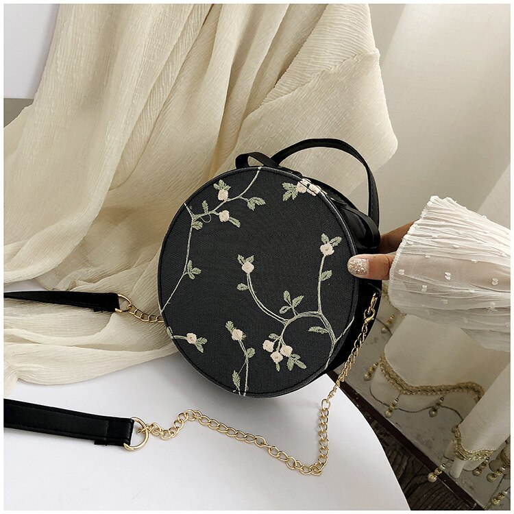 Süße Spitze Runde Handtaschen PU leder Frauen Umhängetaschen Weibliche Kleine Frische Blume Kette Schulter: Black