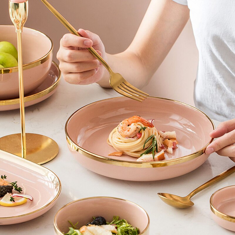 Pink Ceramic Dinner Plates Dishes Tableware Set Cake Food Plates Salad Soup Bowl Dinnerware Set for Restaurant Hotel