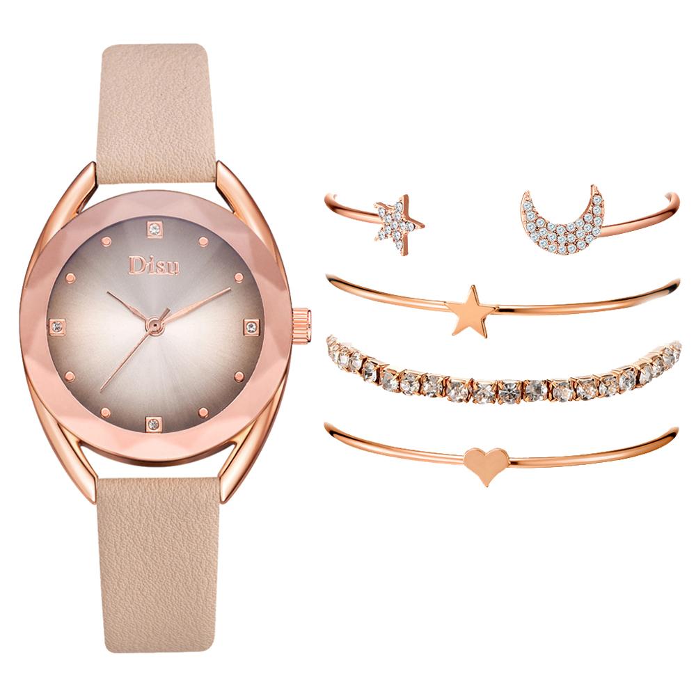 Set leren horlogebanden voor dames, casual dameshorloge met gradiënt wijzerplaat en armbandhorlogeset