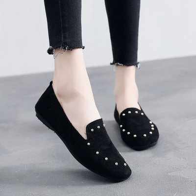 femmes noir travail chaussures Rivet plat antidérapant unique chaussures femme printemps doux fond confortable tissu chaussures 35-40: Black / 6