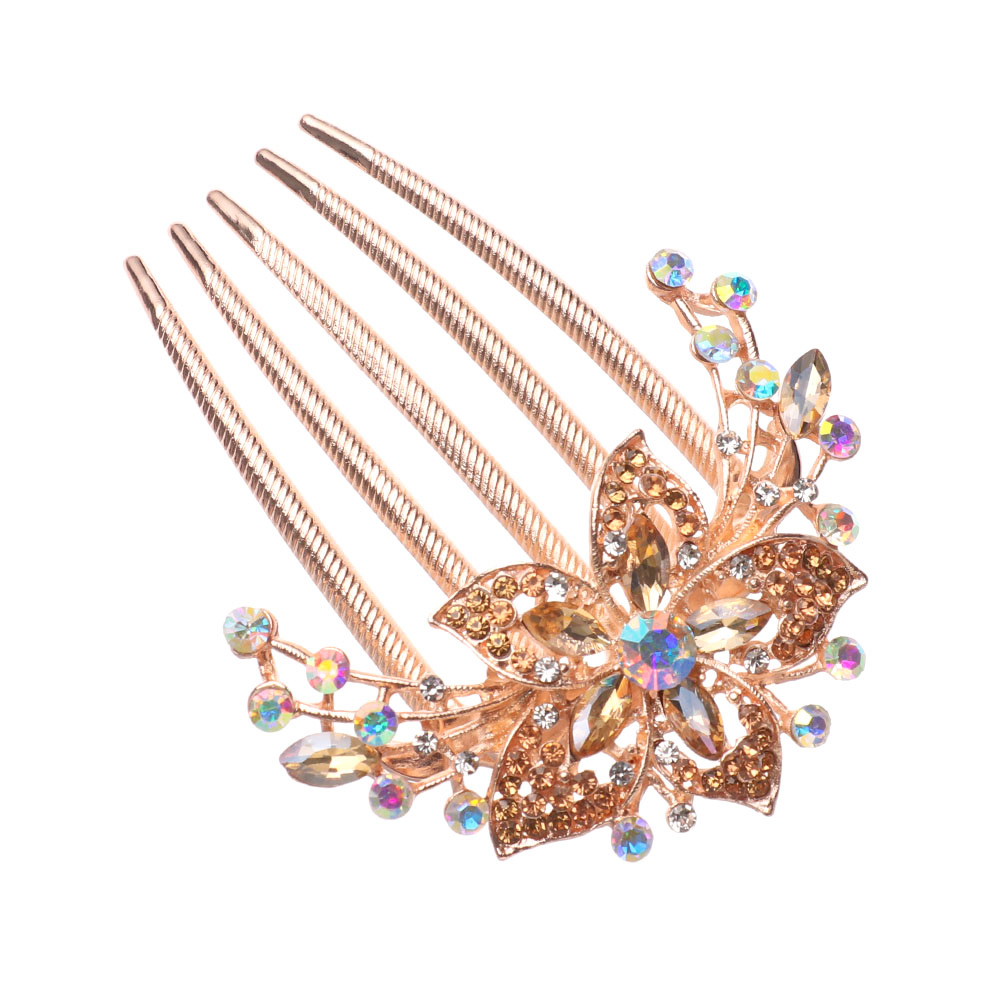Peine de pelo con diamantes de imitación brillantes para mujer, horquilla de flores incrustadas, accesorios para la cabeza, joyería para el cabello de novia,: Color dorado