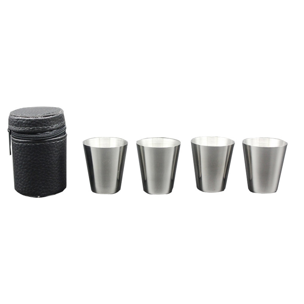 4 Stks/set Gepolijst 30 Ml Mini Rvs Shot Glas Beker Wijn Drinkglazen Met Leather Cover Tas Voor Thuis keuken Bar
