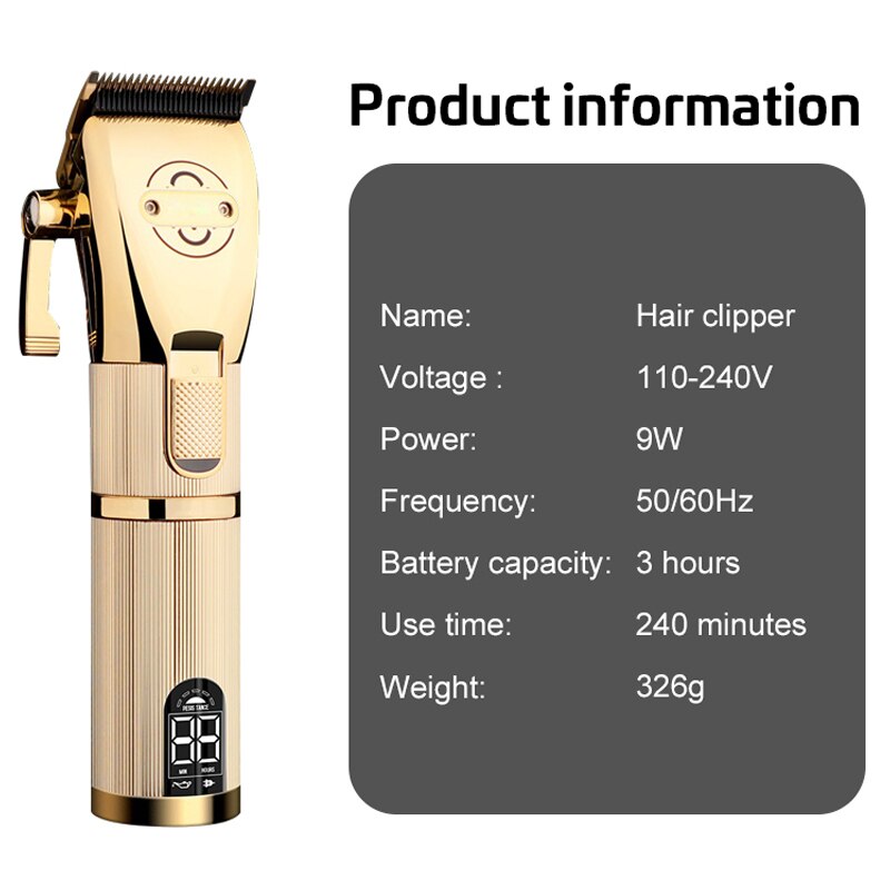 USB Rechargeable Gold Hair Clipper Electric hair trimmer Cordless Shaver Trimmer Men Barber Hair Cutting Machine