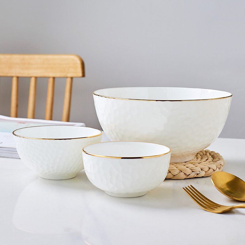 Bol à soupe doré fait à la main, vaisselle chinoise en céramique, petit bol à nouilles de riz en porcelaine en relief avec bord doré