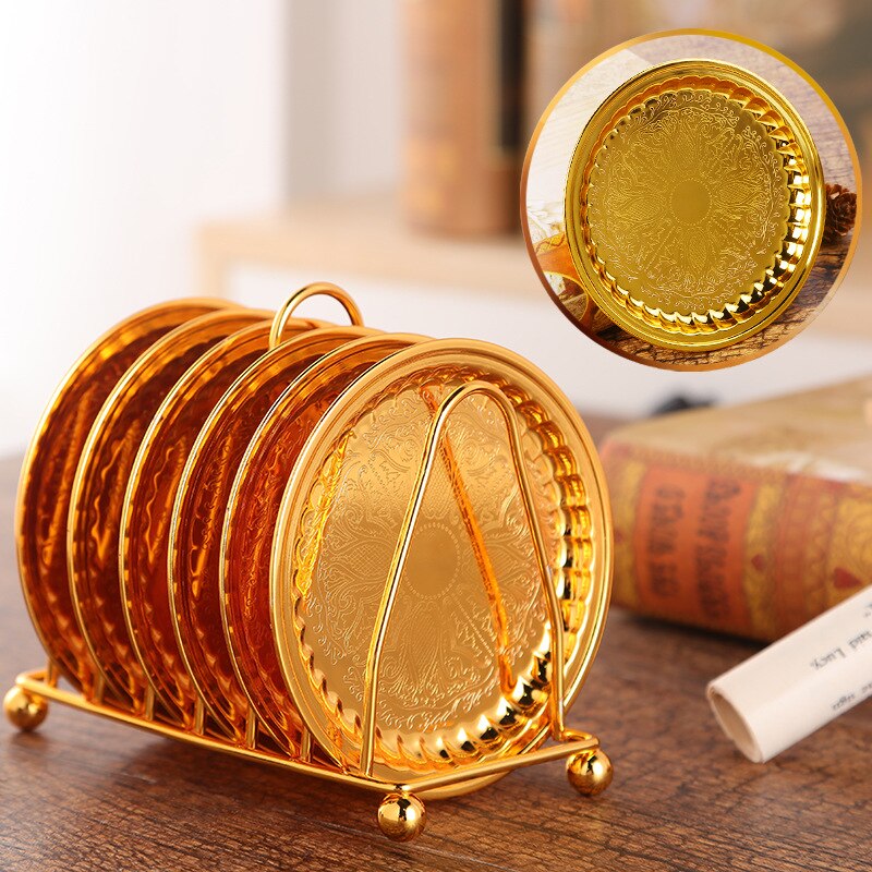 6pc Classical Golden Cocktail Metal Coaster Continental Vintage Zinc Alloy Plated Gold Plated Mat placemat diameter 10.5cm: Golden pumpkin