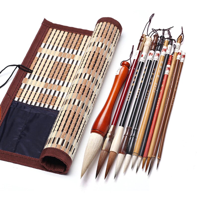Chinese Calligraphy Brush Set Kanji Japanese Sumi Painting Drawing Artist Writing Brushes Roll-up Bamboo Brush Holder Pen Bag