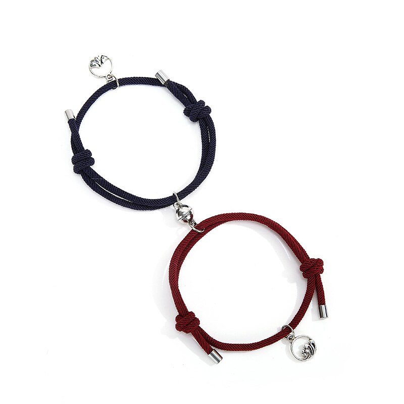 2 Pcs/set Couple Magnet Attract Couple Bracelet Stainless Steel Friendship Men Women Charm Bracelet Jewelry Lover: blue wine red