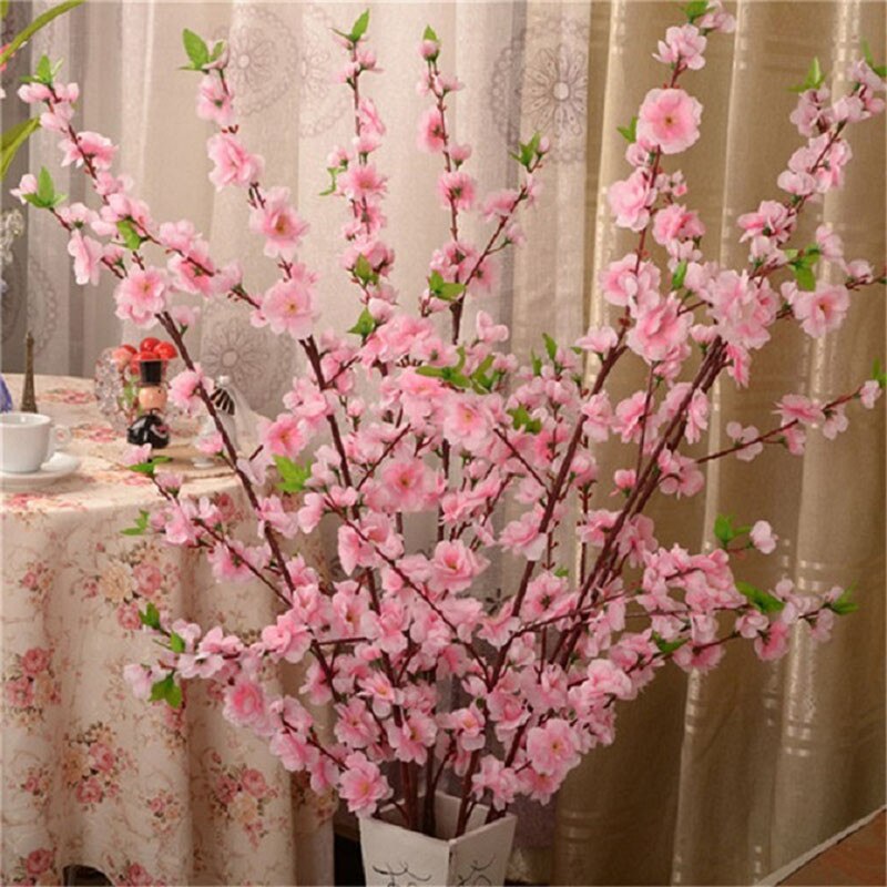 65cm 5 stk silkeblomst kunstig kirsebær forår blomme ferskenblomst gren hjem bryllup dekorative blomster plast ferskenbuket: Lyserød