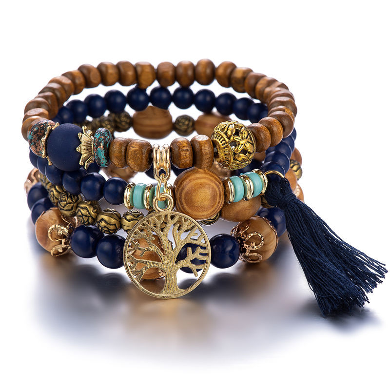 4 pçs/set boho conjunto de pulseira de madeira frisado para mulheres árvore da vida borlas brancas charme elástico corrente pulseira senhora bohemia jóias: Ouro escuro