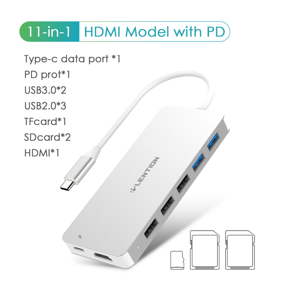 Thunderbolt 3 Dock Usb Type C Naar Hdmi Hub Adapter Voor Macbook Samsung Dex Galaxy S10/S9 USB-C Converter sd/Tf Card Readers: 11 in 1 silver