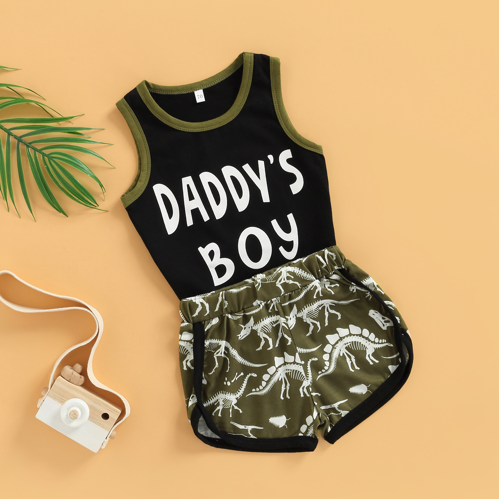 Tenue d&#39;été 2 pièces pour bébé garçon, haut gilet sans manches + short imprimé dessin animé dinosaure, couleurs assorties, col rond, lettres