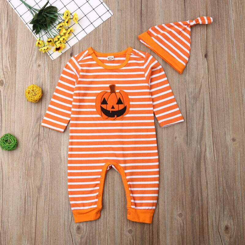 2019 fantasia Novità Appena nato Del bambino Della Ragazza del Ragazzo di Zucca di Halloween Vestiti A Strisce Pagliaccetto Lungo Del Manicotto del Vestito Della Tuta vestito 0-24M Carino