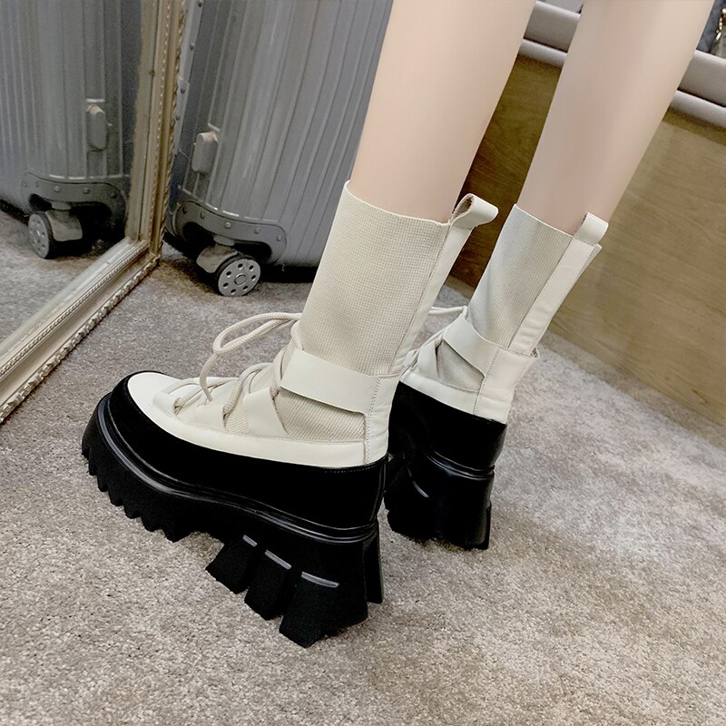 Laarzen dames casual stretch stof sokken laarzen kruisgestrikte damesschoenen platform laarzen